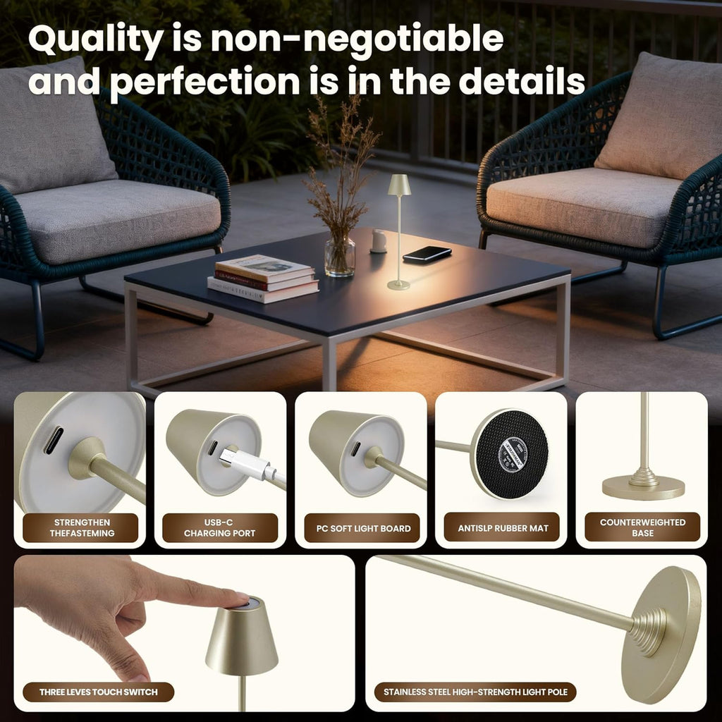 RGB Palm-Sized Cordless Table Lamp, Rechargeable Touch Metal Bedside Lamp, 3 Brightness 3000K Warm Light, Small Table Lamp for Bedroom, Restaurant, Patio, Camping (Champagne Gold 1 Pack)