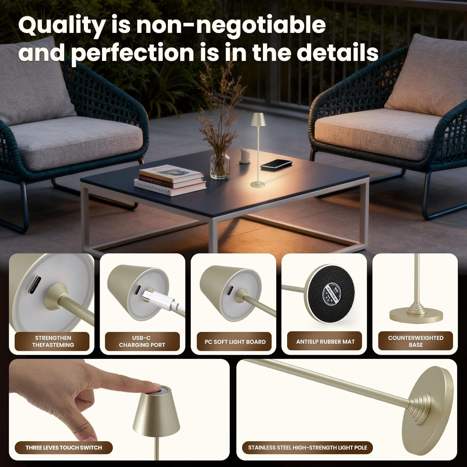 RGB Palm-Sized Cordless Table Lamp, Rechargeable Touch Metal Bedside Lamp, 3 Brightness 3000K Warm Light, Small Table Lamp for Bedroom, Restaurant, Patio, Camping (Champagne Gold 1 Pack)